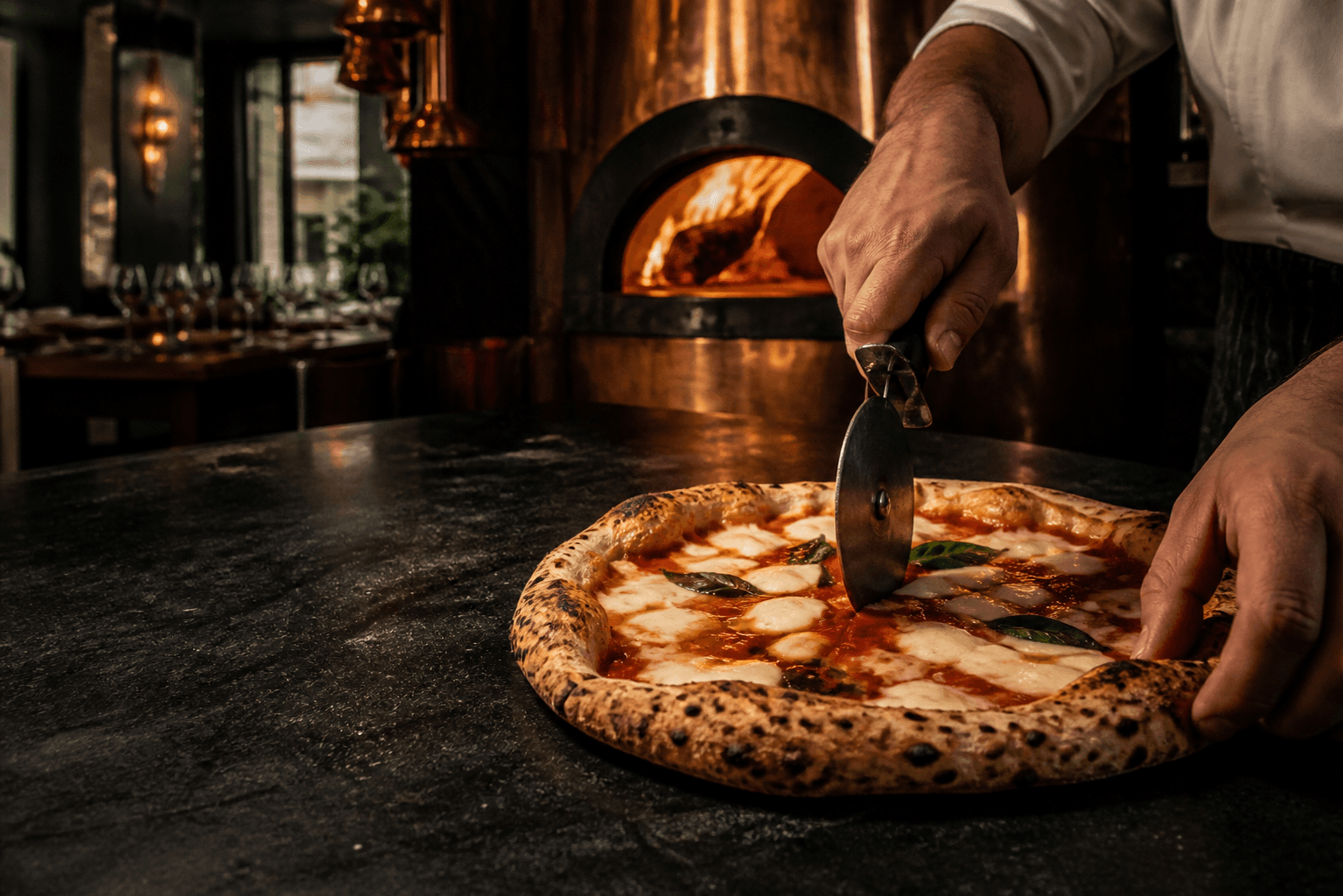 Equipo de restaurante preparando una pizza frente al horno